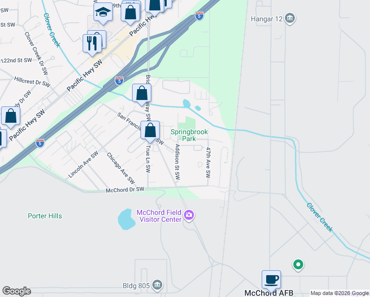 map of restaurants, bars, coffee shops, grocery stores, and more near 4810 127th Street Court Southwest in Lakewood