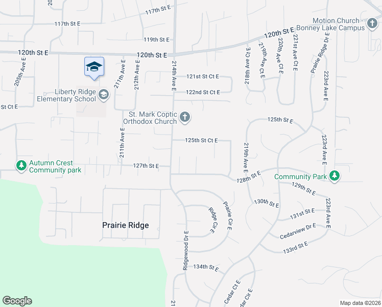 map of restaurants, bars, coffee shops, grocery stores, and more near 21506 125th Street Court East in Sumner