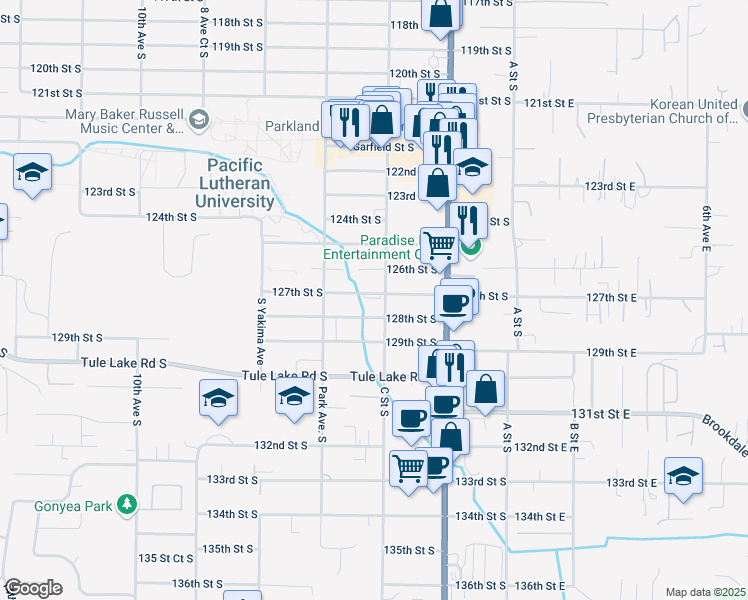 map of restaurants, bars, coffee shops, grocery stores, and more near 401 127th Street South in Tacoma