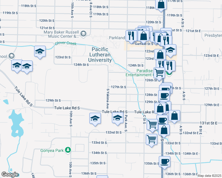 map of restaurants, bars, coffee shops, grocery stores, and more near 718 127th Street South in Tacoma
