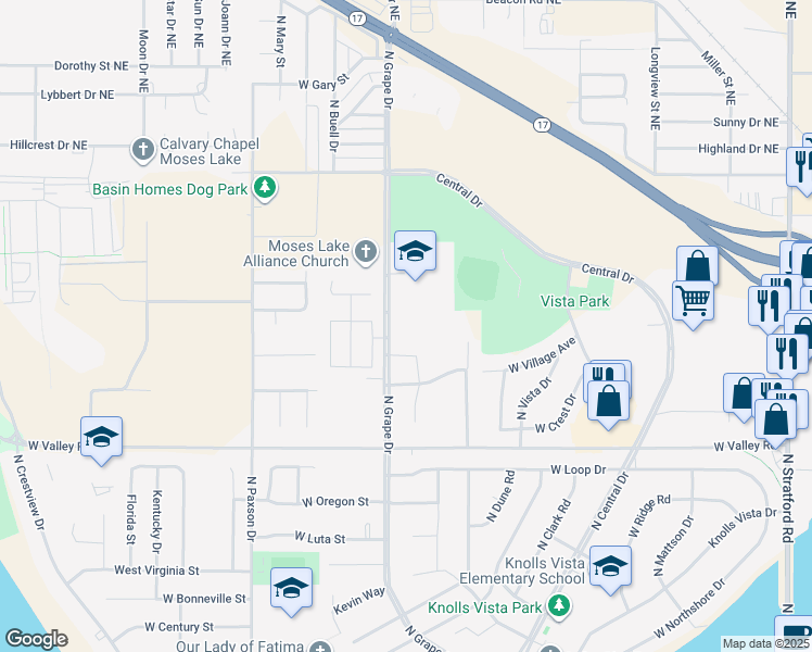 map of restaurants, bars, coffee shops, grocery stores, and more near 925 North Grape Drive in Moses Lake