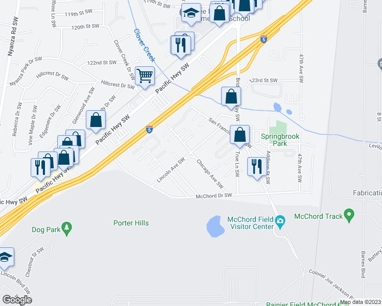 map of restaurants, bars, coffee shops, grocery stores, and more near 12802 Lincoln Avenue Southwest in Lakewood