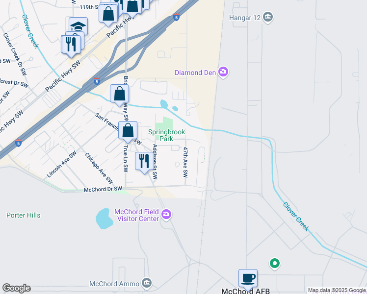 map of restaurants, bars, coffee shops, grocery stores, and more near 4711 127th Street Court Southwest in Lakewood