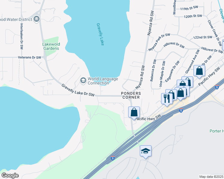 map of restaurants, bars, coffee shops, grocery stores, and more near 12789 Gravelly Lake Drive Southwest in Tacoma