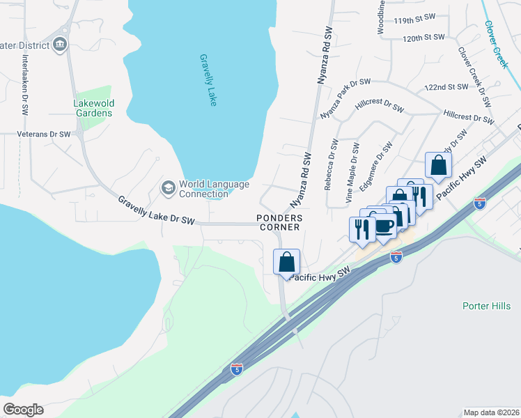 map of restaurants, bars, coffee shops, grocery stores, and more near 54 Loch Lane Southwest in Tacoma