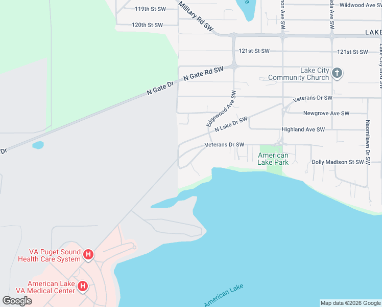 map of restaurants, bars, coffee shops, grocery stores, and more near 9822 Veterans Drive Southwest in Lakewood