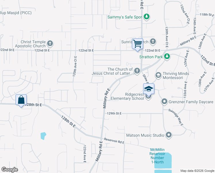 map of restaurants, bars, coffee shops, grocery stores, and more near 12521 Military Road East in Puyallup