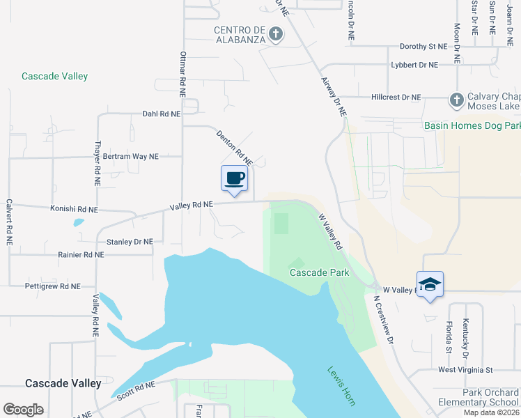 map of restaurants, bars, coffee shops, grocery stores, and more near 8242 Valley Road Northeast in Moses Lake