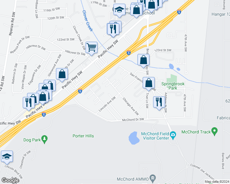 map of restaurants, bars, coffee shops, grocery stores, and more near 12822 Lincoln Avenue Southwest in Lakewood