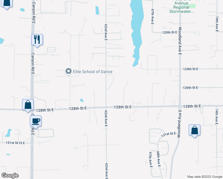map of restaurants, bars, coffee shops, grocery stores, and more near 12523 63rd Avenue East in Puyallup