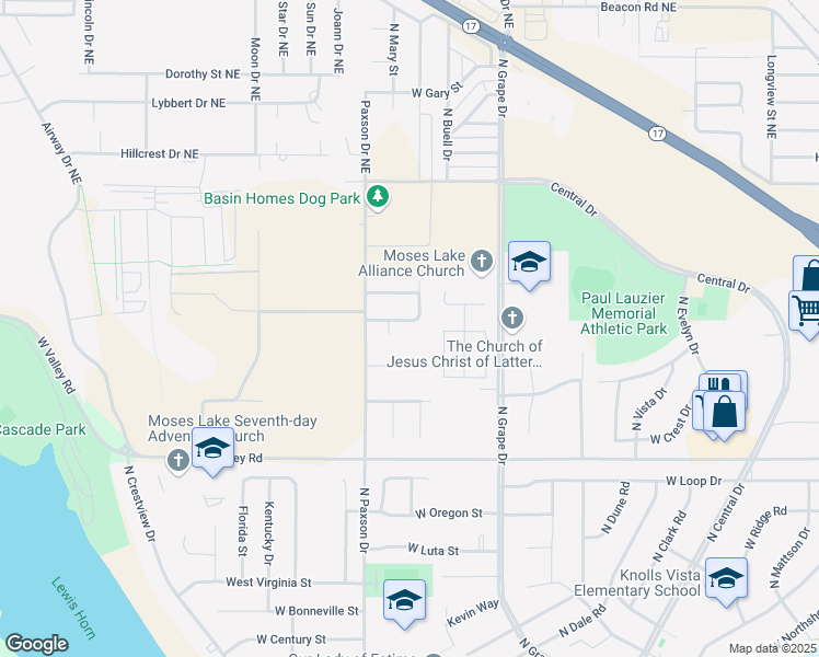 map of restaurants, bars, coffee shops, grocery stores, and more near 1201 Malaga Avenue in Moses Lake