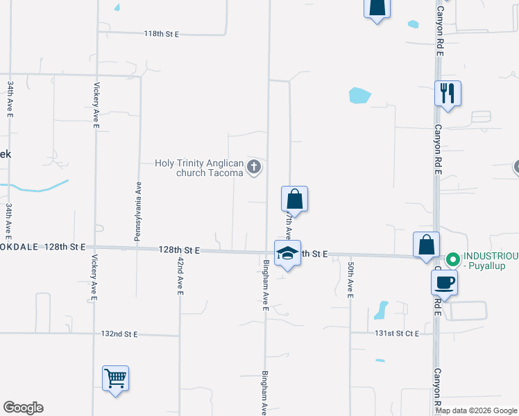 map of restaurants, bars, coffee shops, grocery stores, and more near 12524 Bingham Avenue East in Tacoma