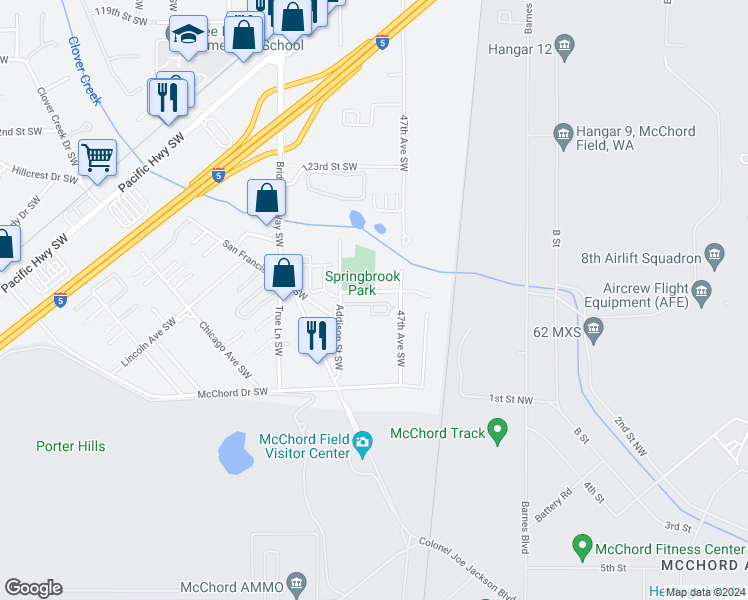map of restaurants, bars, coffee shops, grocery stores, and more near 12702-1271 Addison Street Southwest in Lakewood
