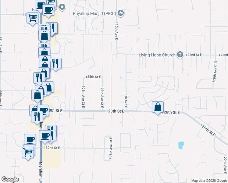 map of restaurants, bars, coffee shops, grocery stores, and more near 12601 109th Avenue Court East in Puyallup