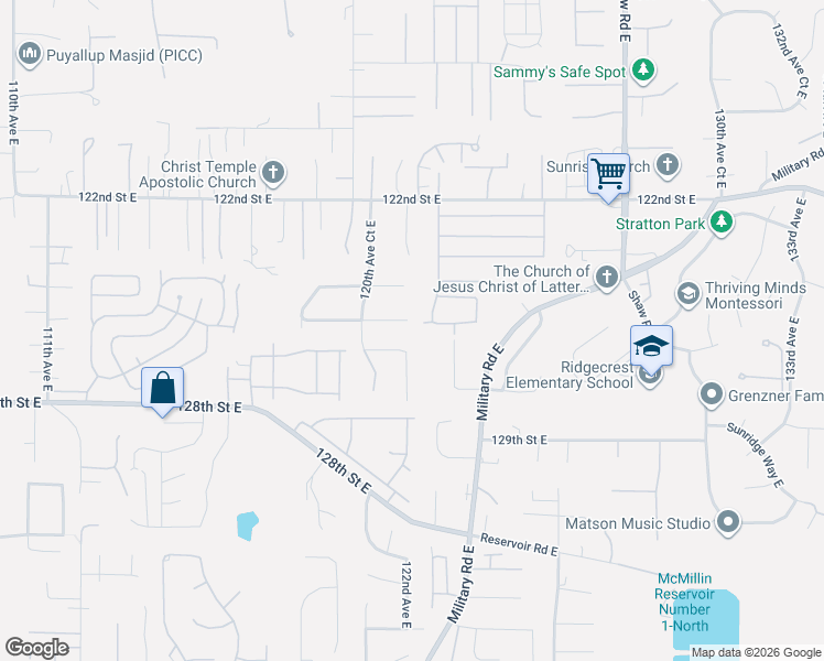 map of restaurants, bars, coffee shops, grocery stores, and more near 12118 125th Street Court East in Puyallup