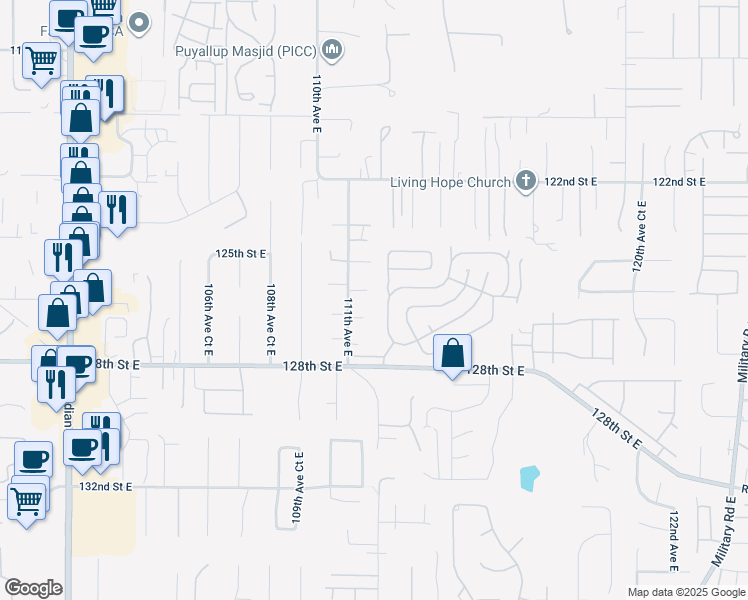 map of restaurants, bars, coffee shops, grocery stores, and more near 11116 125th Street East in South Hill