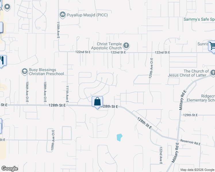map of restaurants, bars, coffee shops, grocery stores, and more near 11517 127th Street East in Puyallup