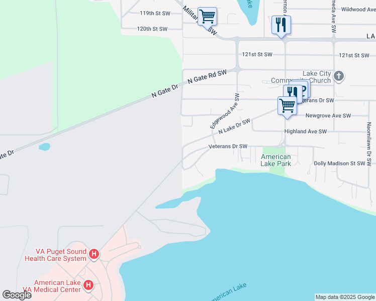 map of restaurants, bars, coffee shops, grocery stores, and more near 9831 Veterans Drive Southwest in Lakewood