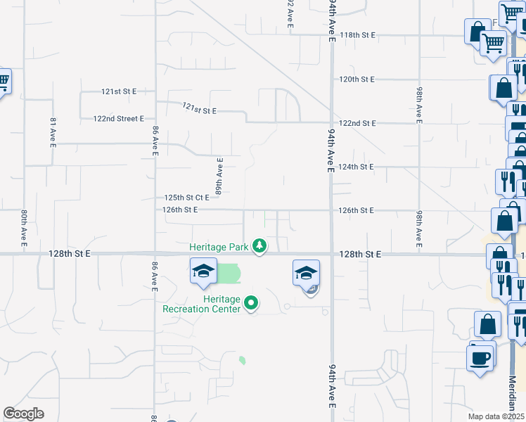 map of restaurants, bars, coffee shops, grocery stores, and more near 9028 126th Street East in Puyallup