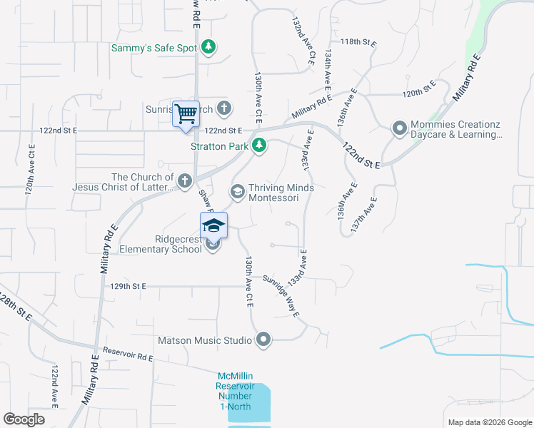 map of restaurants, bars, coffee shops, grocery stores, and more near 12438 132nd Avenue East in Puyallup