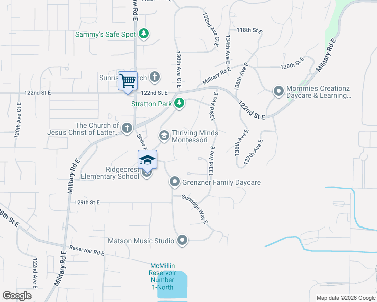 map of restaurants, bars, coffee shops, grocery stores, and more near 12438 132nd Avenue East in Puyallup