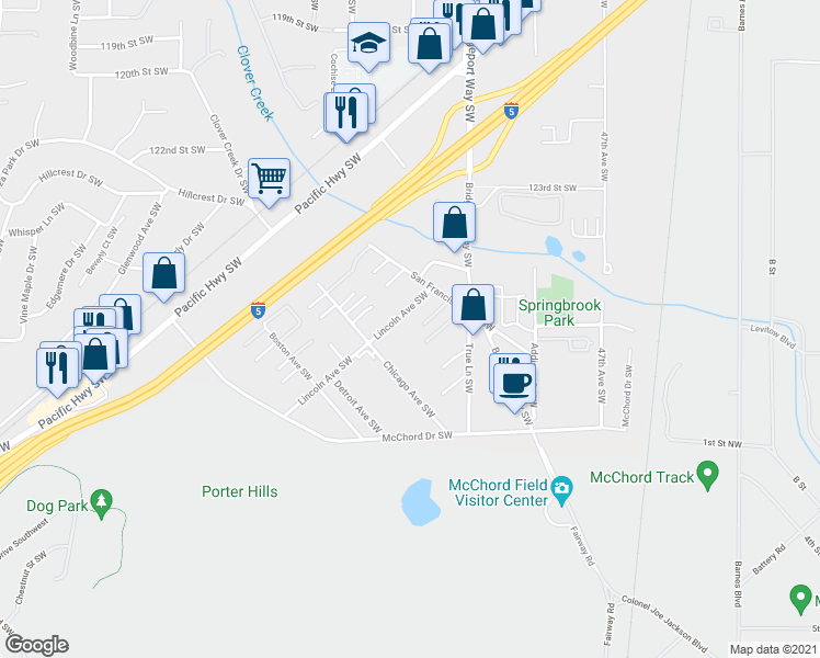 map of restaurants, bars, coffee shops, grocery stores, and more near 12635 Lincoln Avenue Southwest in Lakewood