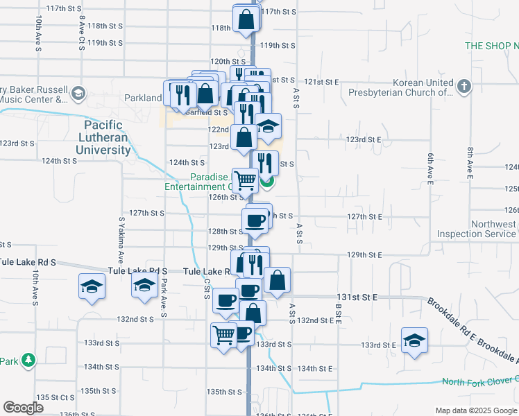 map of restaurants, bars, coffee shops, grocery stores, and more near 12615 Pacific Avenue South in Tacoma