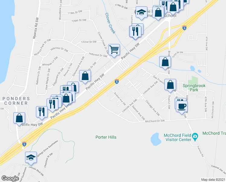 map of restaurants, bars, coffee shops, grocery stores, and more near 5630 Boston Avenue Southwest in Lakewood