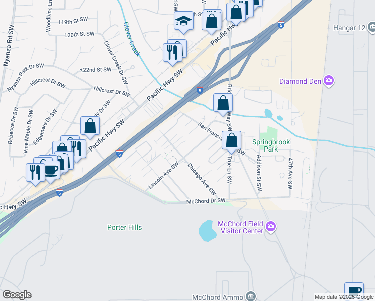 map of restaurants, bars, coffee shops, grocery stores, and more near 12712 Lincoln Avenue Southwest in Lakewood