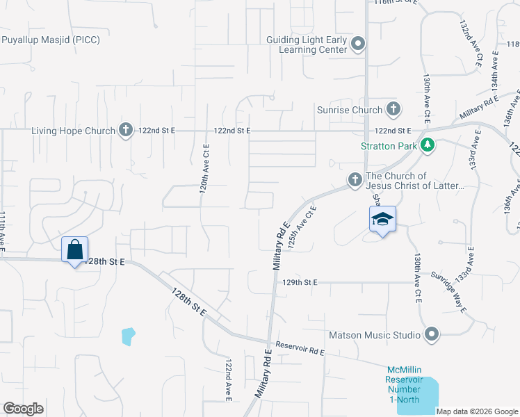 map of restaurants, bars, coffee shops, grocery stores, and more near 12305 126th Street East in Puyallup