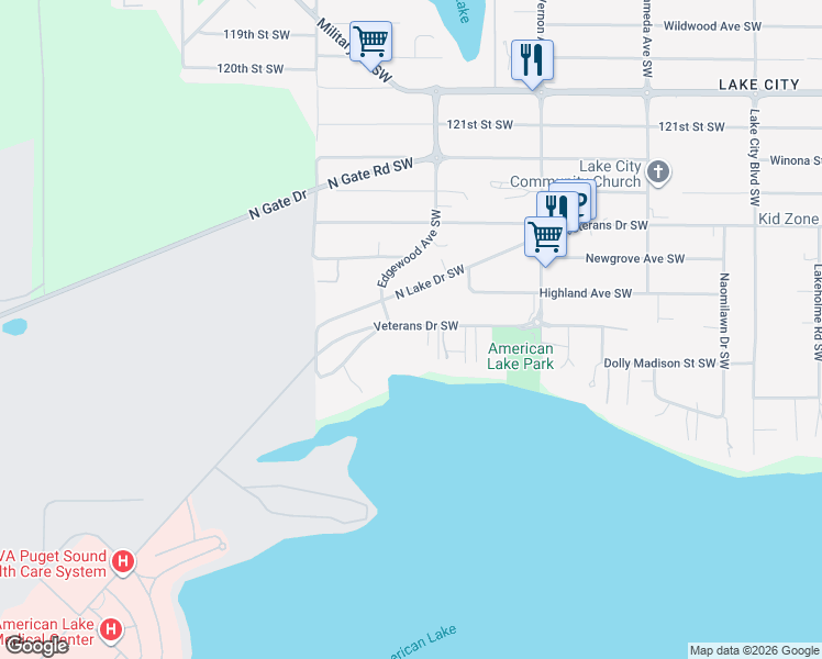 map of restaurants, bars, coffee shops, grocery stores, and more near 9616 Veterans Drive Southwest in Lakewood