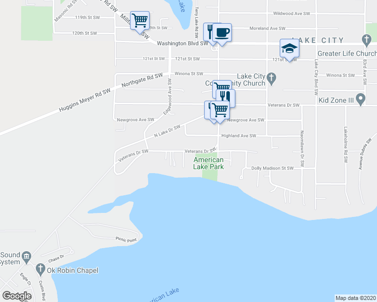 map of restaurants, bars, coffee shops, grocery stores, and more near 9404 Veterans Drive Southwest in Lakewood