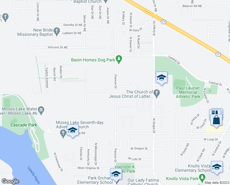 map of restaurants, bars, coffee shops, grocery stores, and more near 1240 North John Street in Moses Lake