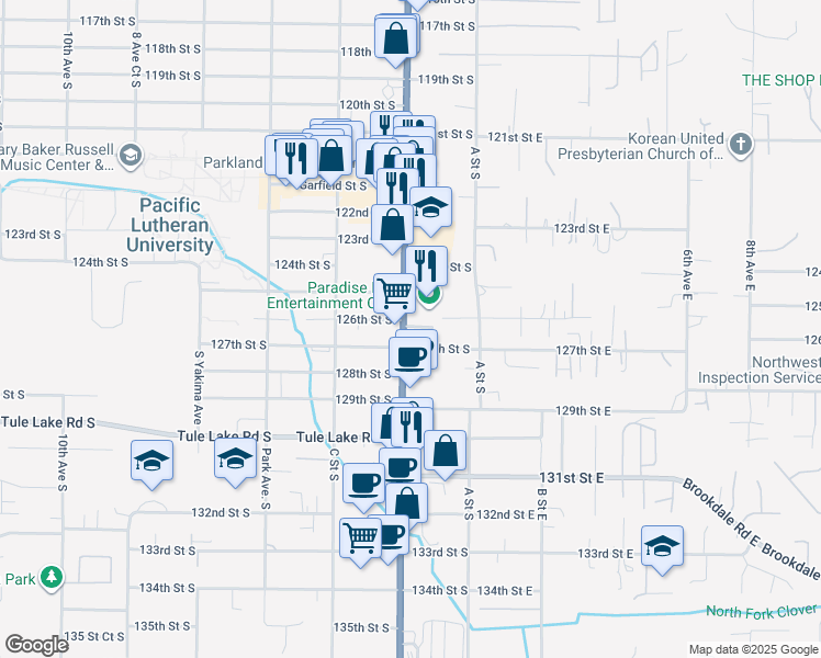 map of restaurants, bars, coffee shops, grocery stores, and more near 12615 Pacific Avenue South in Tacoma