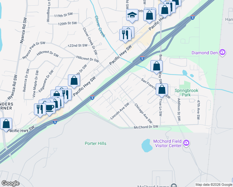 map of restaurants, bars, coffee shops, grocery stores, and more near 5607 Boston Avenue Southwest in Lakewood