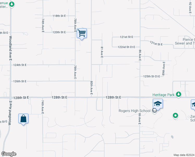 map of restaurants, bars, coffee shops, grocery stores, and more near 12615 80th Avct East in Puyallup