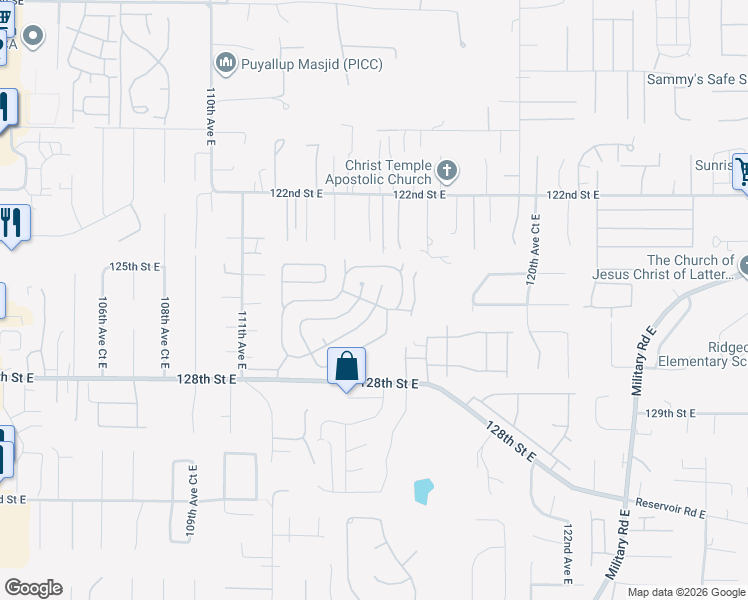 map of restaurants, bars, coffee shops, grocery stores, and more near 11517 127th Street East in Puyallup
