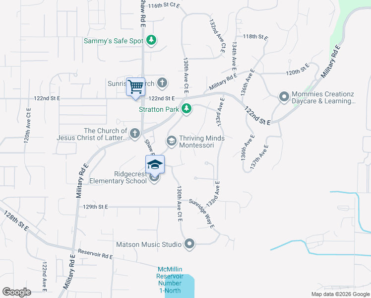 map of restaurants, bars, coffee shops, grocery stores, and more near 12409 130th Avenue Court East in Puyallup