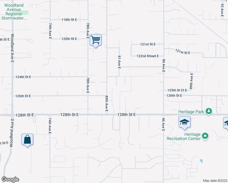 map of restaurants, bars, coffee shops, grocery stores, and more near 12615 80th Avct East in Puyallup