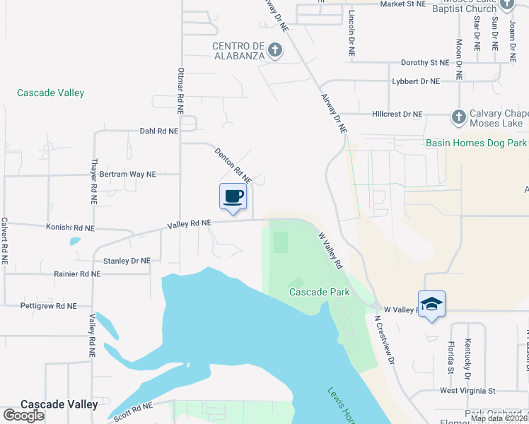 map of restaurants, bars, coffee shops, grocery stores, and more near 8242 Valley Road Northeast in Moses Lake