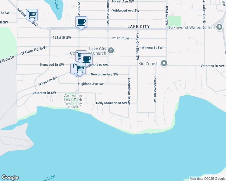 map of restaurants, bars, coffee shops, grocery stores, and more near 8820 Highland Avenue Southwest in Lakewood
