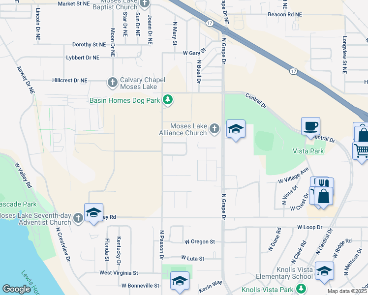 map of restaurants, bars, coffee shops, grocery stores, and more near 1201 Malaga Avenue in Moses Lake