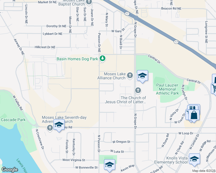 map of restaurants, bars, coffee shops, grocery stores, and more near 1201 Malaga Avenue in Moses Lake