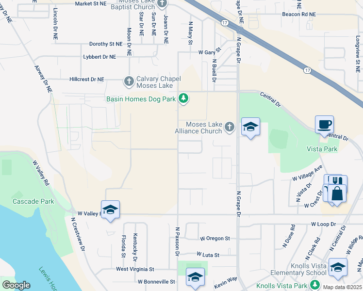 map of restaurants, bars, coffee shops, grocery stores, and more near 1240 North John Street in Moses Lake