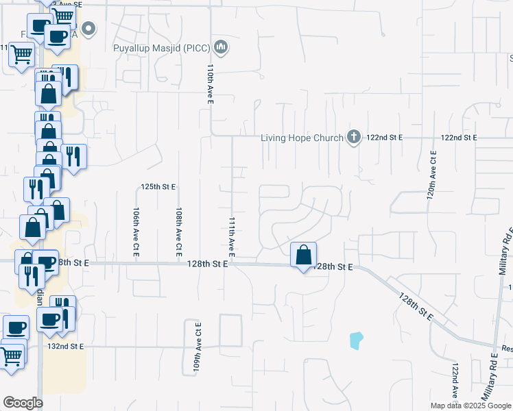 map of restaurants, bars, coffee shops, grocery stores, and more near 11116 125th Street East in South Hill