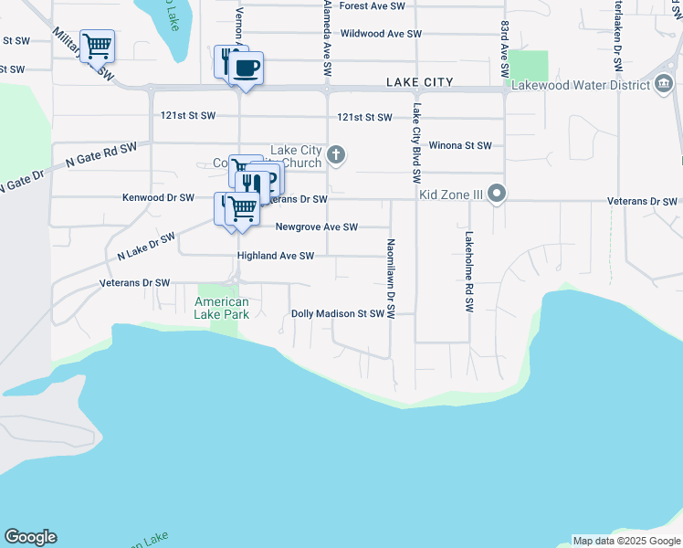 map of restaurants, bars, coffee shops, grocery stores, and more near 8725 Dolly Madison Street Southwest in Tacoma
