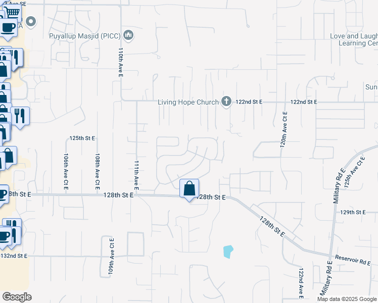 map of restaurants, bars, coffee shops, grocery stores, and more near 11402 125th Street Court East in Puyallup