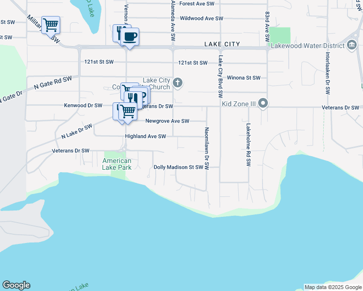 map of restaurants, bars, coffee shops, grocery stores, and more near 8820 Highland Avenue Southwest in Tacoma