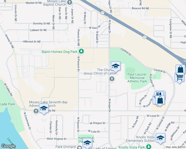 map of restaurants, bars, coffee shops, grocery stores, and more near 1001 North Pierce Drive in Moses Lake