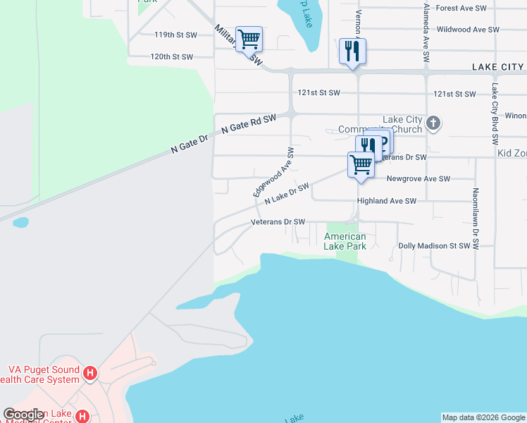 map of restaurants, bars, coffee shops, grocery stores, and more near 9616 Veterans Drive Southwest in Lakewood